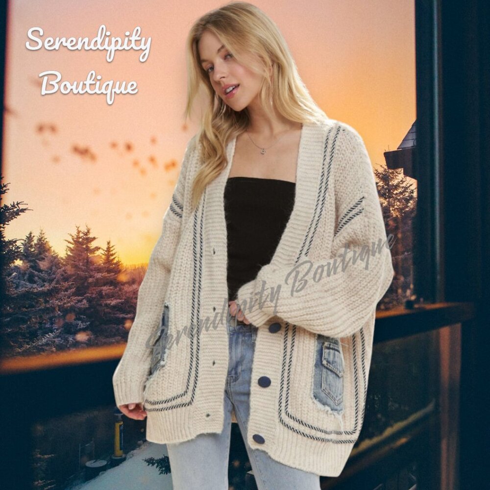 Softest Sweater You'll Ever Wrap Around Your Body Chunky Boho Denim Accent Cardi - Picture 7 of 11